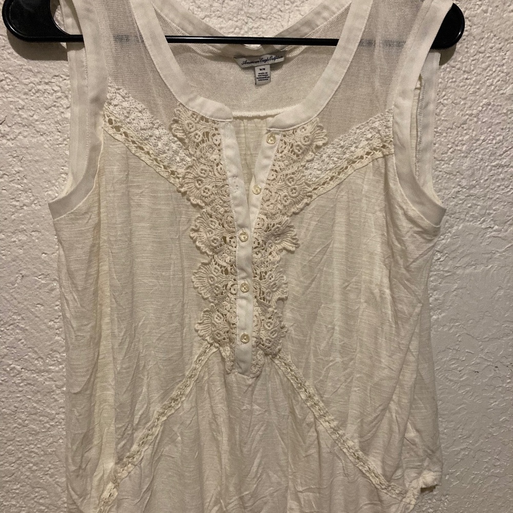 AEO Boho Cottagecore White Lace Trim Sleeveless Top Sz M